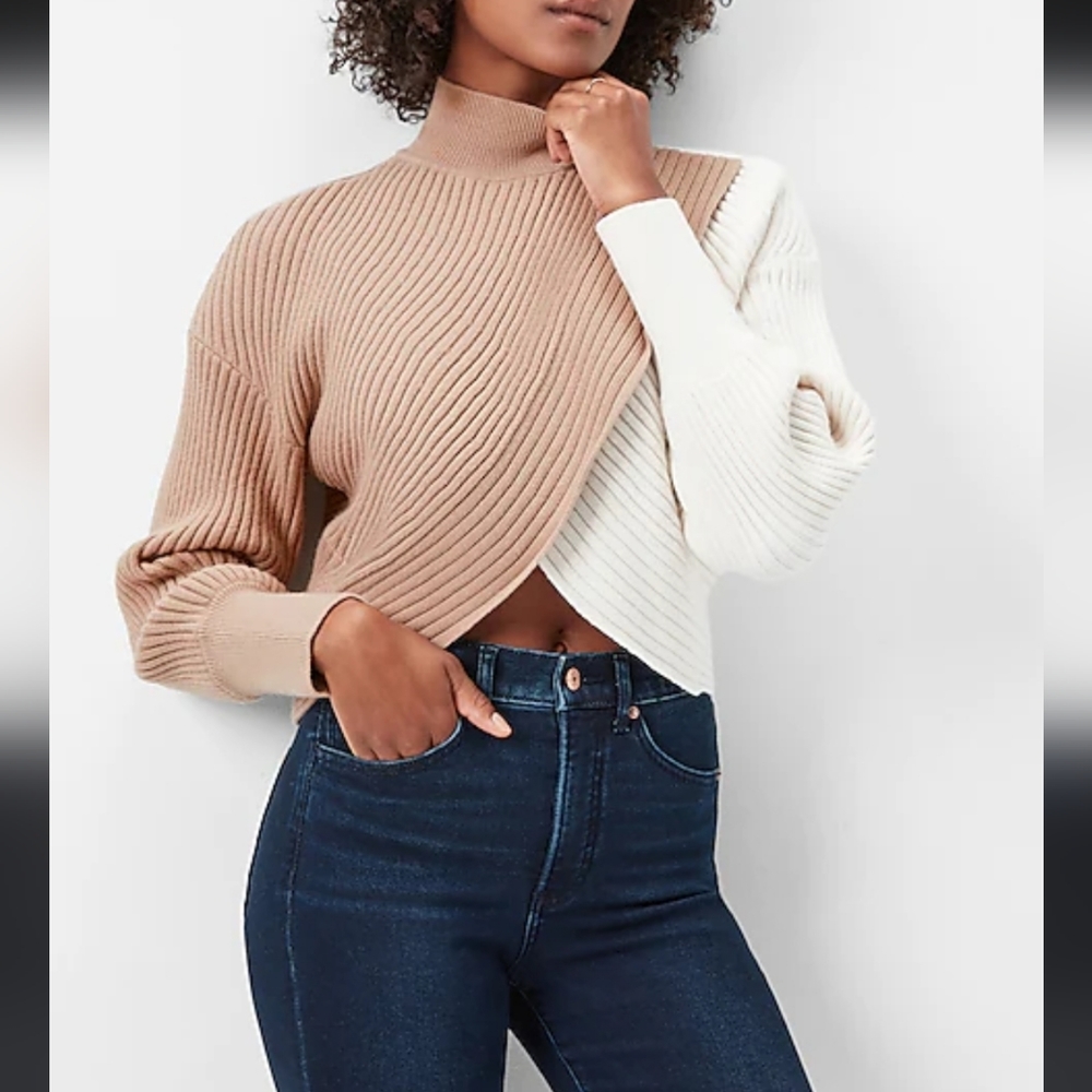 Express Color Block Wrap Front Mock Neck Sweater
